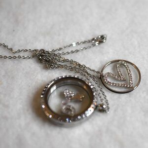 Origami Owl Locket w/ D, Cross, Pink Crystal, Heart Rhinestone Accent Necklace